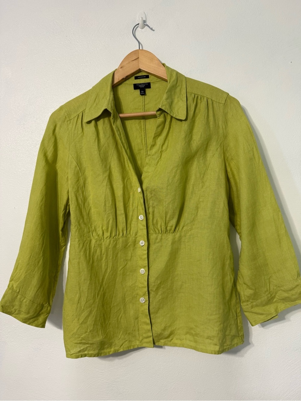Talbots Pure Irish Linen Chartreuse Green Button Front 3/4 Sleeve size 10P
